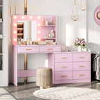 Coiffeuse 61 avec miroir et lumières, table de maquillage blanche avec 8 tiroirs et 2 étagères, 3 modes d'éclairage avec luminosité réglable