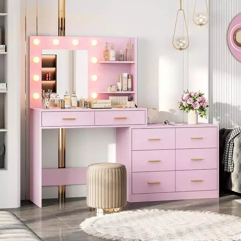 Coiffeuse 61 avec miroir et lumières, table de maquillage blanche avec 8 tiroirs et 2 étagères, 3 modes d'éclairage avec luminosité réglable