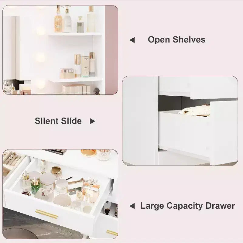 Coiffeuse 61 avec miroir et lumières, table de maquillage blanche avec 8 tiroirs et 2 étagères, 3 modes d'éclairage avec luminosité réglable
