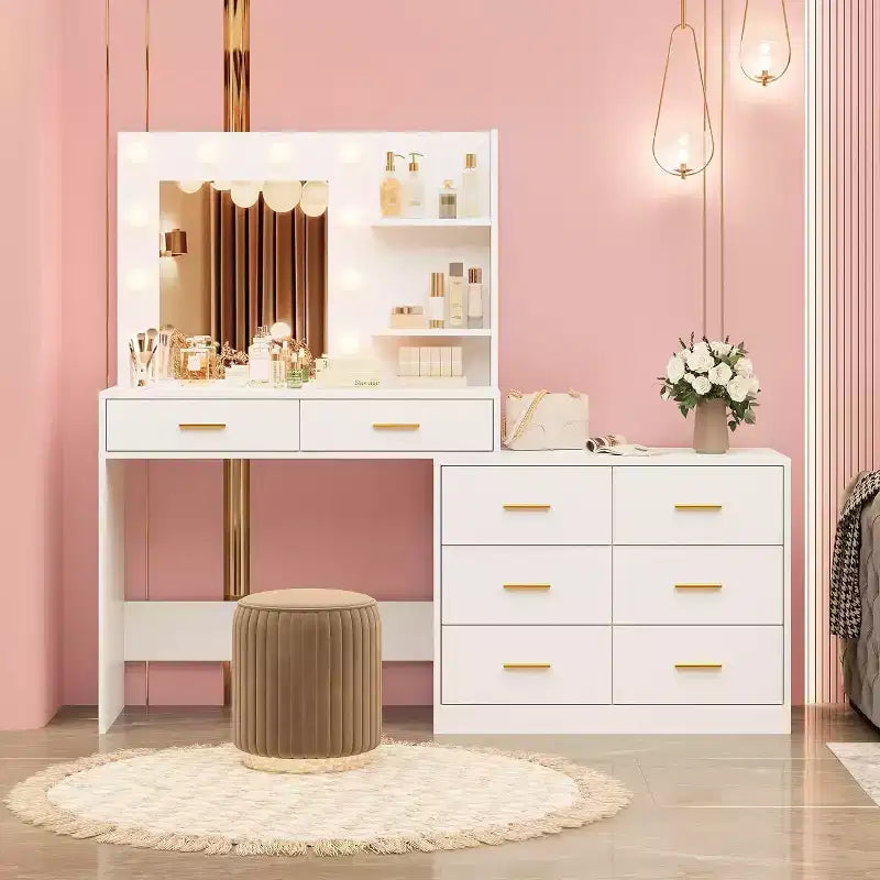Coiffeuse 61 avec miroir et lumières, table de maquillage blanche avec 8 tiroirs et 2 étagères, 3 modes d'éclairage avec luminosité réglable