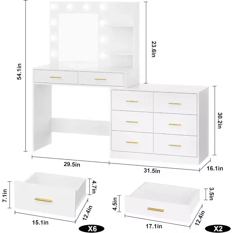 Coiffeuse 61 avec miroir et lumières, table de maquillage blanche avec 8 tiroirs et 2 étagères, 3 modes d'éclairage avec luminosité réglable