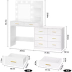 Coiffeuse 61 avec miroir et lumières, table de maquillage blanche avec 8 tiroirs et 2 étagères, 3 modes d'éclairage avec luminosité réglable