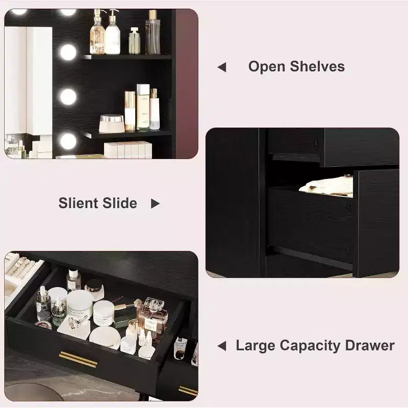 Coiffeuse 61 avec miroir et lumières, table de maquillage blanche avec 8 tiroirs et 2 étagères, 3 modes d'éclairage avec luminosité réglable