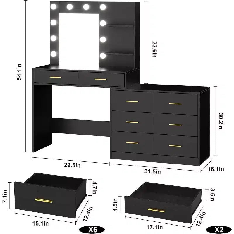 Coiffeuse 61 avec miroir et lumières, table de maquillage blanche avec 8 tiroirs et 2 étagères, 3 modes d'éclairage avec luminosité réglable