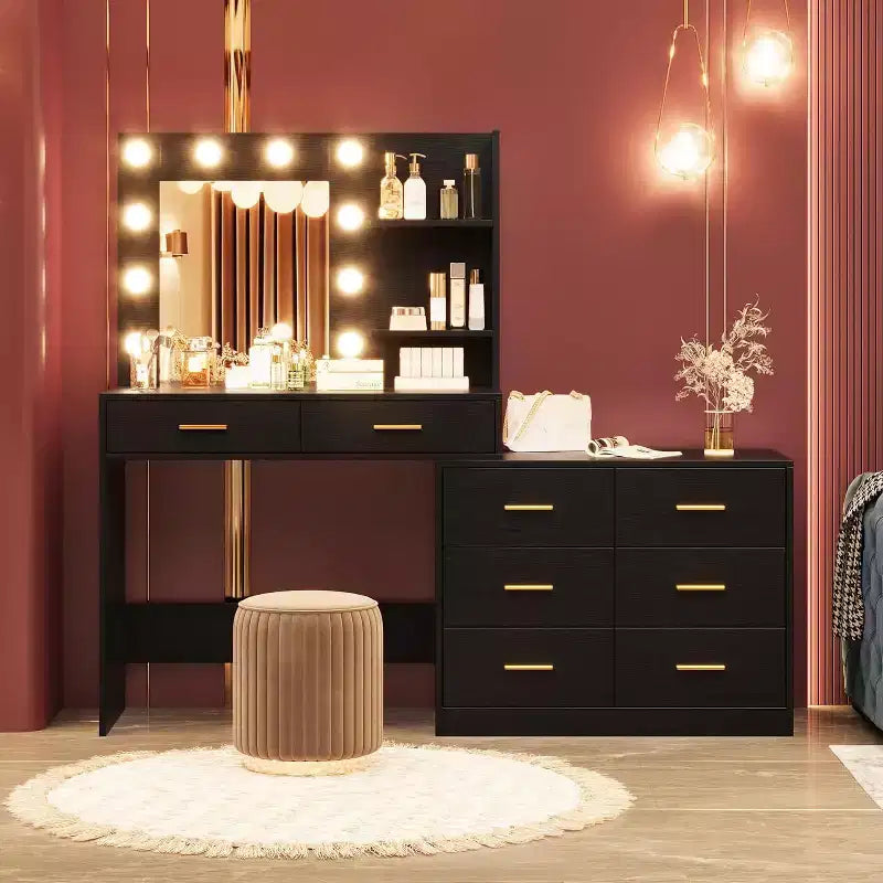 Coiffeuse 61 avec miroir et lumières, table de maquillage blanche avec 8 tiroirs et 2 étagères, 3 modes d'éclairage avec luminosité réglable