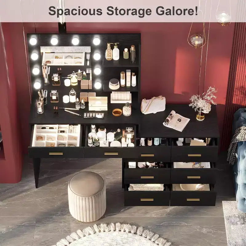 Coiffeuse 61 avec miroir et lumières, table de maquillage blanche avec 8 tiroirs et 2 étagères, 3 modes d'éclairage avec luminosité réglable