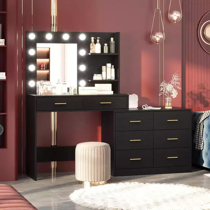 Coiffeuse 61 avec miroir et lumières, table de maquillage blanche avec 8 tiroirs et 2 étagères, 3 modes d'éclairage avec luminosité réglable