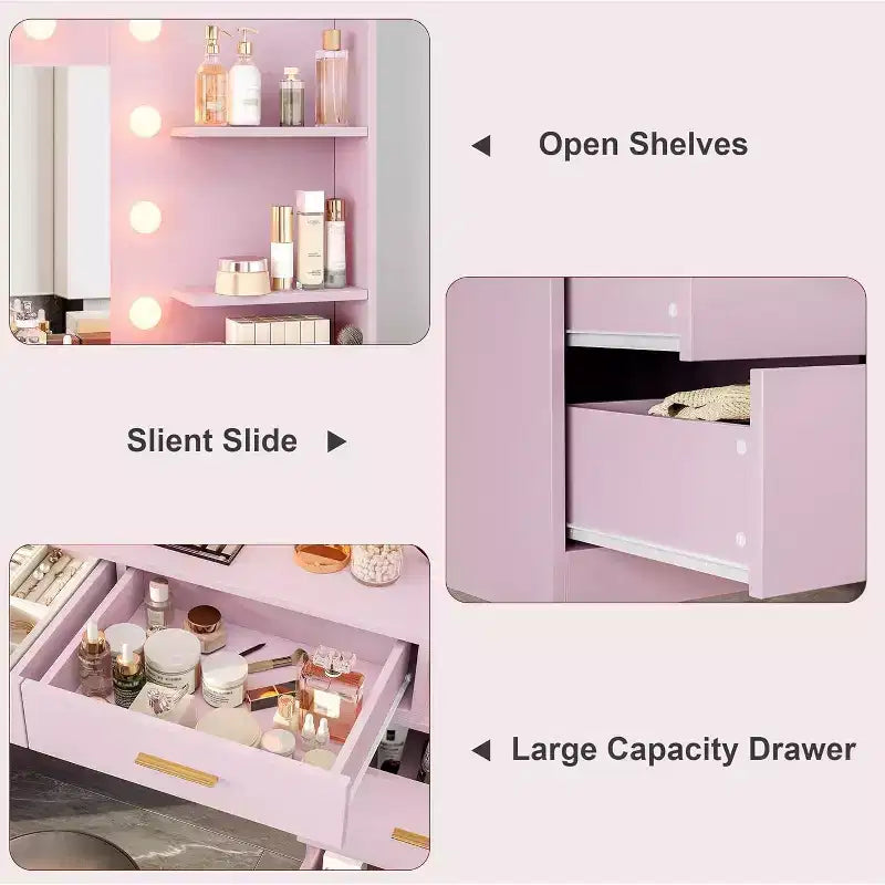 Coiffeuse 61 avec miroir et lumières, table de maquillage blanche avec 8 tiroirs et 2 étagères, 3 modes d'éclairage avec luminosité réglable