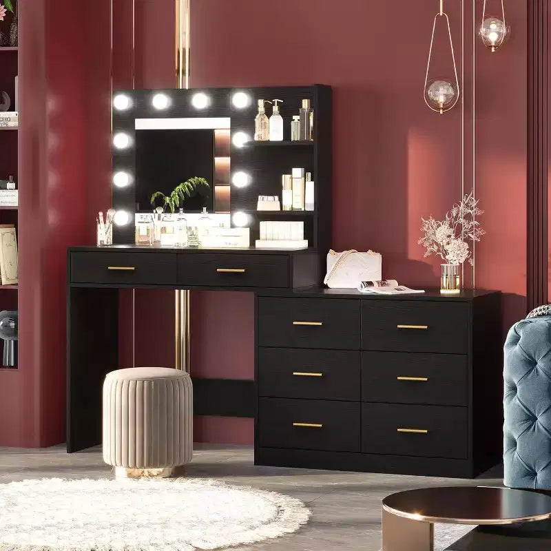 61 Vanity Desk with Mirror & Lights, White Makeup Dressing Table with 8 Drawers & 2 Shelves, 3 Lighting Modes with Adjustable Brightness