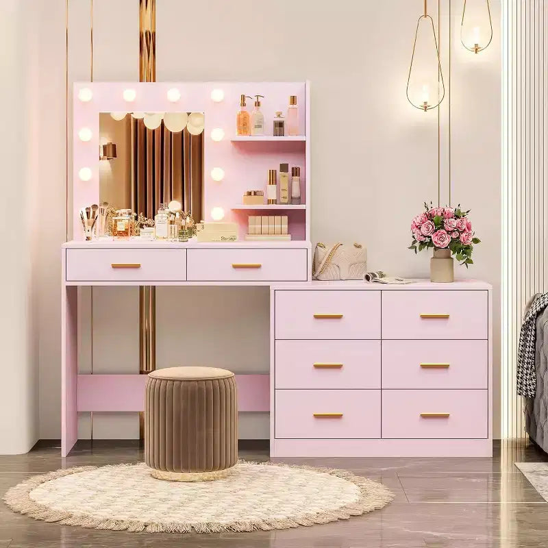 Coiffeuse 61 avec miroir et lumières, table de maquillage blanche avec 8 tiroirs et 2 étagères, 3 modes d'éclairage avec luminosité réglable