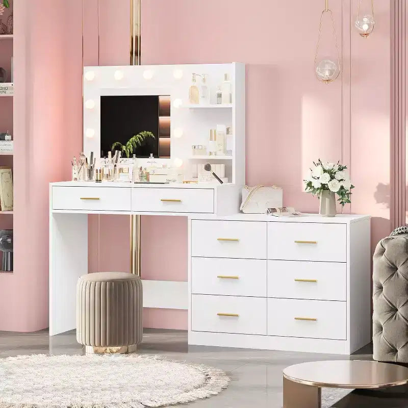 Coiffeuse 61 avec miroir et lumières, table de maquillage blanche avec 8 tiroirs et 2 étagères, 3 modes d'éclairage avec luminosité réglable