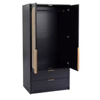 AEELLEEA 65 Armoire penderie noire 2 portes avec 2 tiroirs : Accents en rotin et serrure magnétique