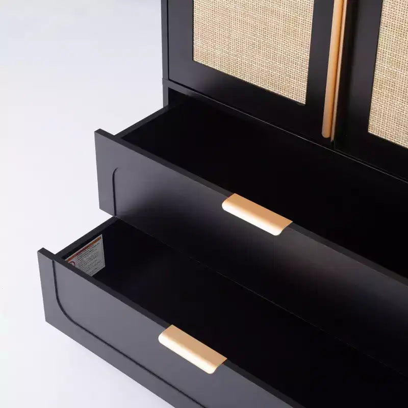 AEELLEEA 65 Armoire penderie noire 2 portes avec 2 tiroirs : Accents en rotin et serrure magnétique