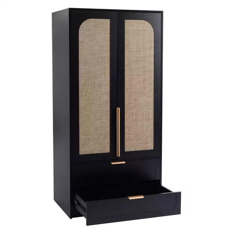 AEELLEEA 65 Armoire penderie noire 2 portes avec 2 tiroirs : Accents en rotin et serrure magnétique