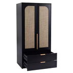 AEELLEEA 65 Armoire penderie noire 2 portes avec 2 tiroirs : Accents en rotin et serrure magnétique
