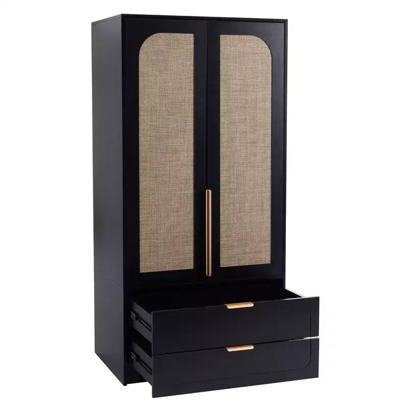 AEELLEEA 65 Armoire penderie noire 2 portes avec 2 tiroirs : Accents en rotin et serrure magnétique