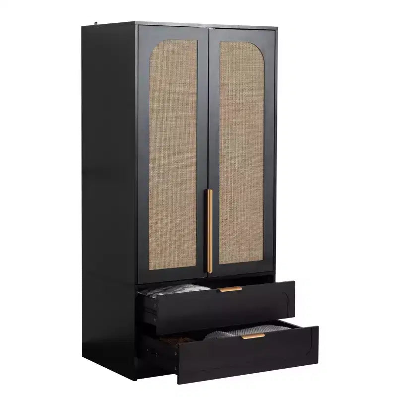 AEELLEEA 65 Armoire penderie noire 2 portes avec 2 tiroirs : Accents en rotin et serrure magnétique