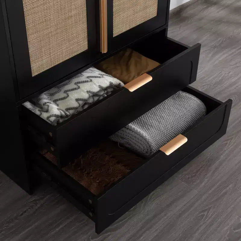 AEELLEEA 65 Armoire penderie noire 2 portes avec 2 tiroirs : Accents en rotin et serrure magnétique
