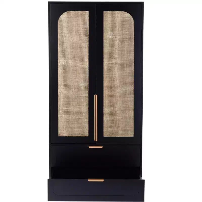 AEELLEEA 65 Armoire penderie noire 2 portes avec 2 tiroirs : Accents en rotin et serrure magnétique
