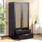 AEELLEEA 65 Armoire penderie noire 2 portes avec 2 tiroirs : Accents en rotin et serrure magnétique
