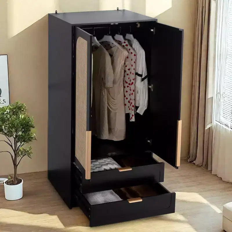 AEELLEEA 65 Armoire penderie noire 2 portes avec 2 tiroirs : Accents en rotin et serrure magnétique