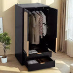 AEELLEEA 65 Armoire penderie noire 2 portes avec 2 tiroirs : Accents en rotin et serrure magnétique