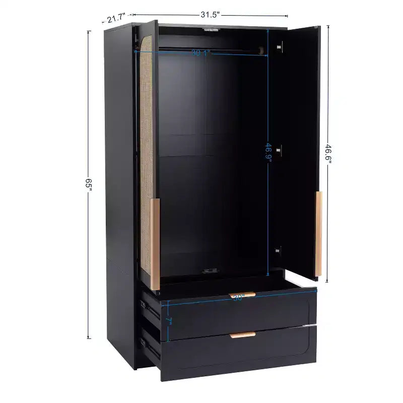 AEELLEEA 65 Armoire penderie noire 2 portes avec 2 tiroirs : Accents en rotin et serrure magnétique