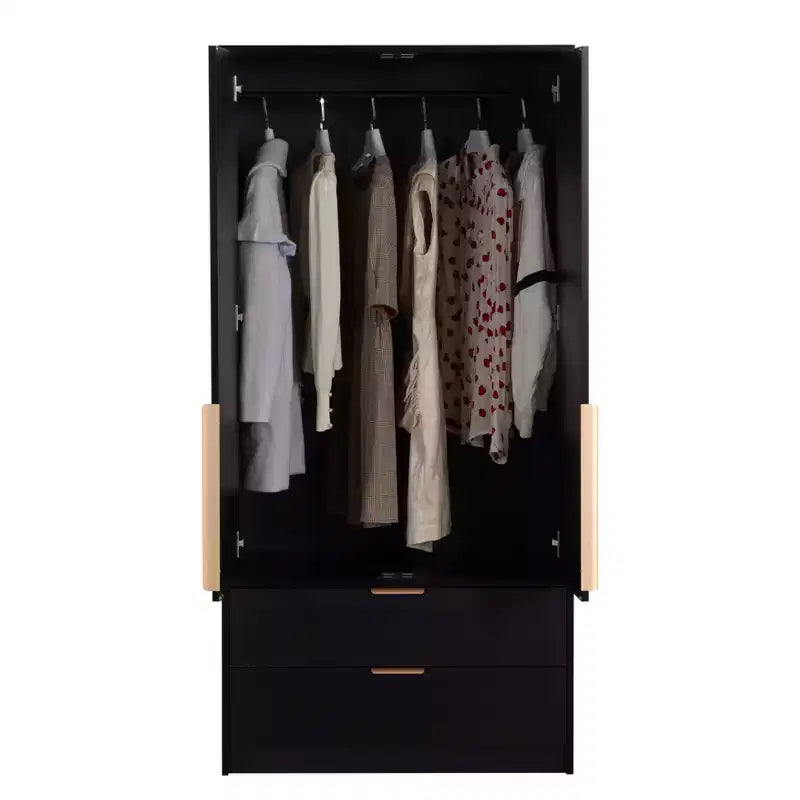 AEELLEEA 65 Armoire penderie noire 2 portes avec 2 tiroirs : Accents en rotin et serrure magnétique