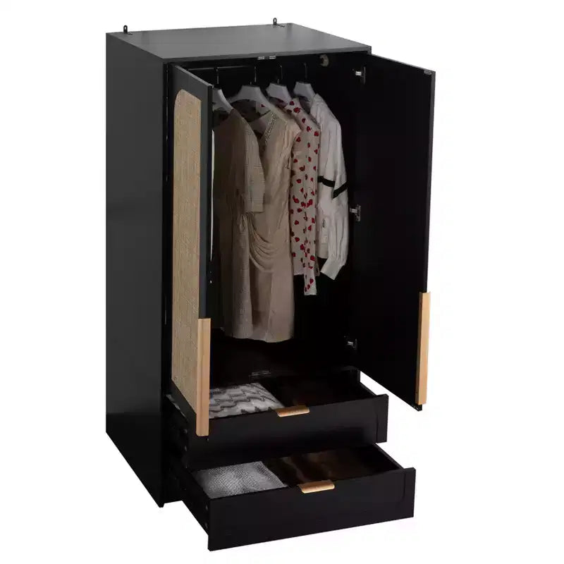 AEELLEEA 65 Armoire penderie noire 2 portes avec 2 tiroirs : Accents en rotin et serrure magnétique