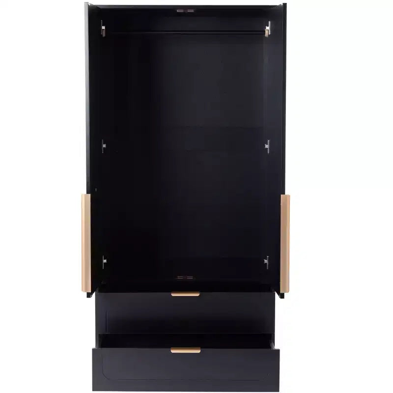 AEELLEEA 65 Armoire penderie noire 2 portes avec 2 tiroirs : Accents en rotin et serrure magnétique