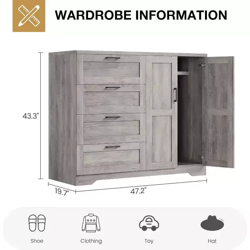Armoire en panneau de particules, double porte, 4 tiroirs, gris | Chambre à coucher, Chambre d'enfant, Petit espace