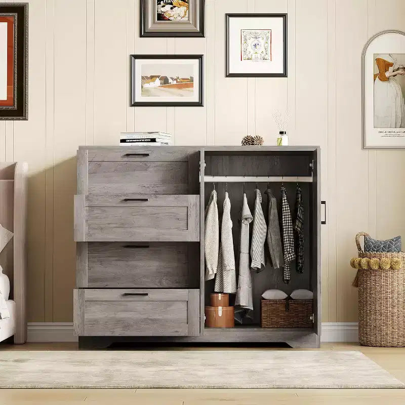Armoire en panneau de particules, double porte, 4 tiroirs, gris | Chambre à coucher, Chambre d'enfant, Petit espace