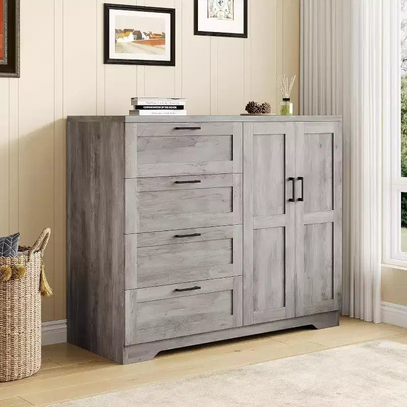 Armoire en panneau de particules, double porte, 4 tiroirs, gris | Chambre à coucher, Chambre d'enfant, Petit espace