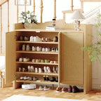 Meuble à chaussures en rotin, meuble de rangement pour chaussures en bois avec 3 portes et étagères réglables pour entrée, salon, couloir
