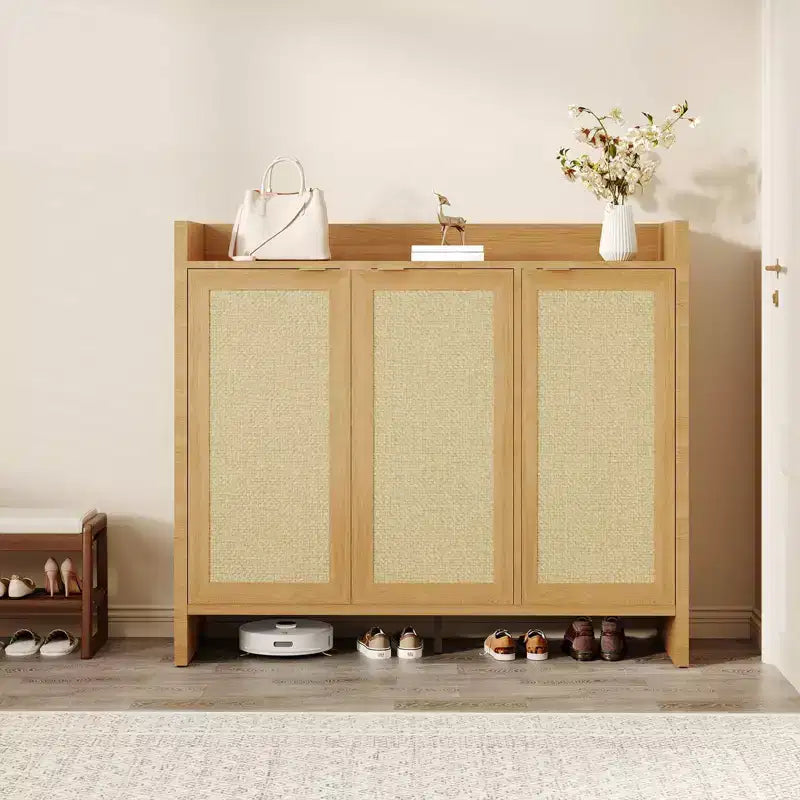 Meuble à chaussures en rotin, meuble de rangement pour chaussures en bois avec 3 portes et étagères réglables pour entrée, salon, couloir