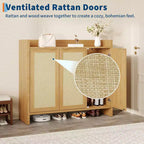 Meuble à chaussures en rotin, meuble de rangement pour chaussures en bois avec 3 portes et étagères réglables pour entrée, salon, couloir