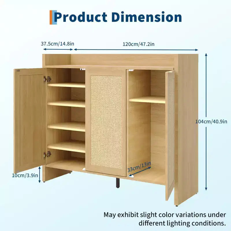 Meuble à chaussures en rotin, meuble de rangement pour chaussures en bois avec 3 portes et étagères réglables pour entrée, salon, couloir