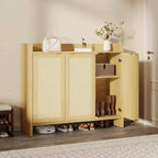 Meuble à chaussures en rotin, meuble de rangement pour chaussures en bois avec 3 portes et étagères réglables pour entrée, salon, couloir