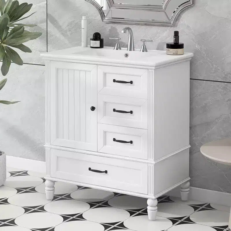 Meuble-lavabo de salle de bain de 30 po avec rangement, meuble bas de salle de bain en bois avec tiroirs et porte