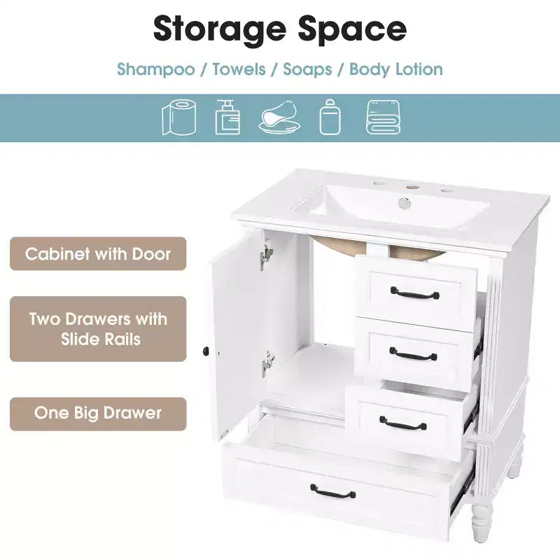 Meuble-lavabo de salle de bain de 30 po avec rangement, meuble bas de salle de bain en bois avec tiroirs et porte