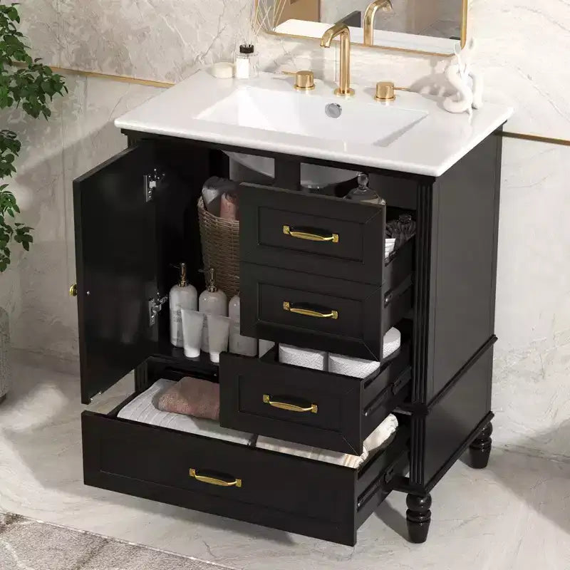 Meuble-lavabo de salle de bain de 30 po avec rangement, meuble bas de salle de bain en bois avec tiroirs et porte