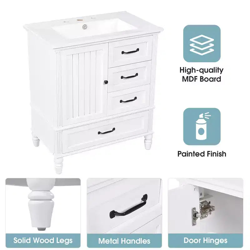 Meuble-lavabo de salle de bain de 30 po avec rangement, meuble bas de salle de bain en bois avec tiroirs et porte