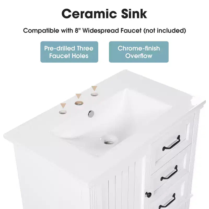 Meuble-lavabo de salle de bain de 30 po avec rangement, meuble bas de salle de bain en bois avec tiroirs et porte