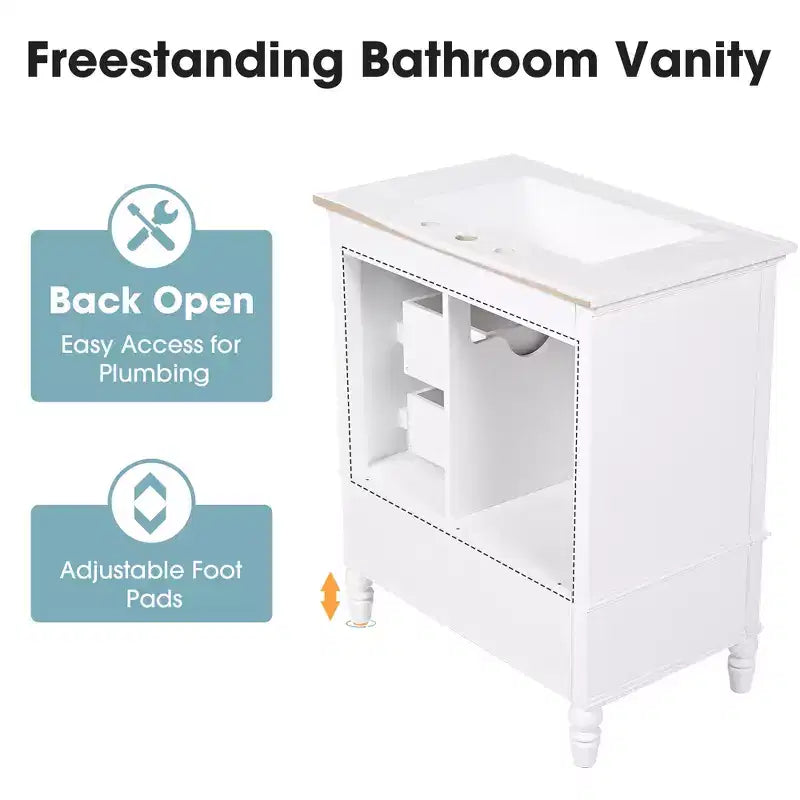 Meuble-lavabo de salle de bain de 30 po avec rangement, meuble bas de salle de bain en bois avec tiroirs et porte