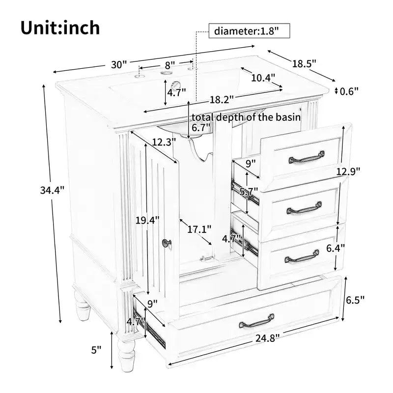 Meuble-lavabo de salle de bain de 30 po avec rangement, meuble bas de salle de bain en bois avec tiroirs et porte