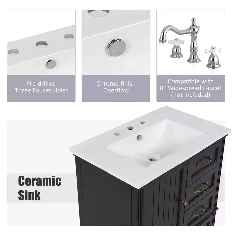 Meuble-lavabo de salle de bain de 30 po avec rangement, meuble bas de salle de bain en bois avec tiroirs et porte