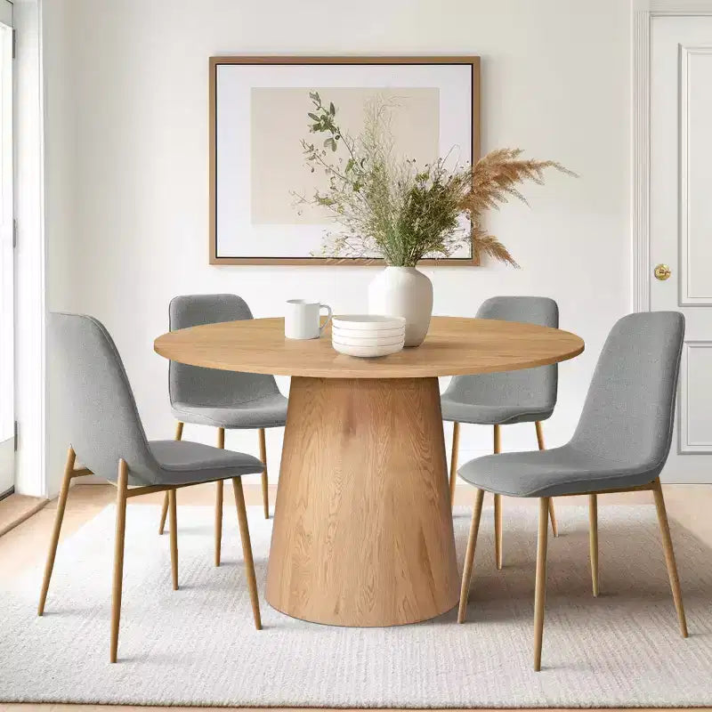 Ensemble de table à manger ronde 5 pièces en chêne, table piédestal 46 avec 4 chaises de salle à manger rembourrées, meubles de salle à manger modernes-Panipeachy