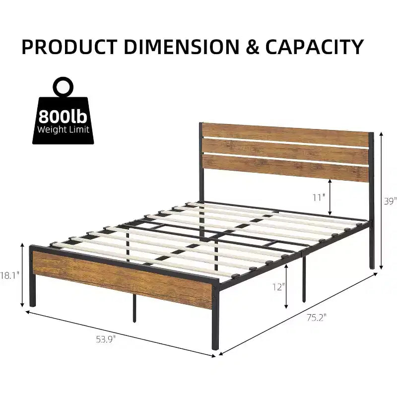 Cadre de lit plateforme en métal de ferme rustique, taille double, avec tête et pied de lit en bois, rangement sous le lit, lattes en bois robustes, silencieux