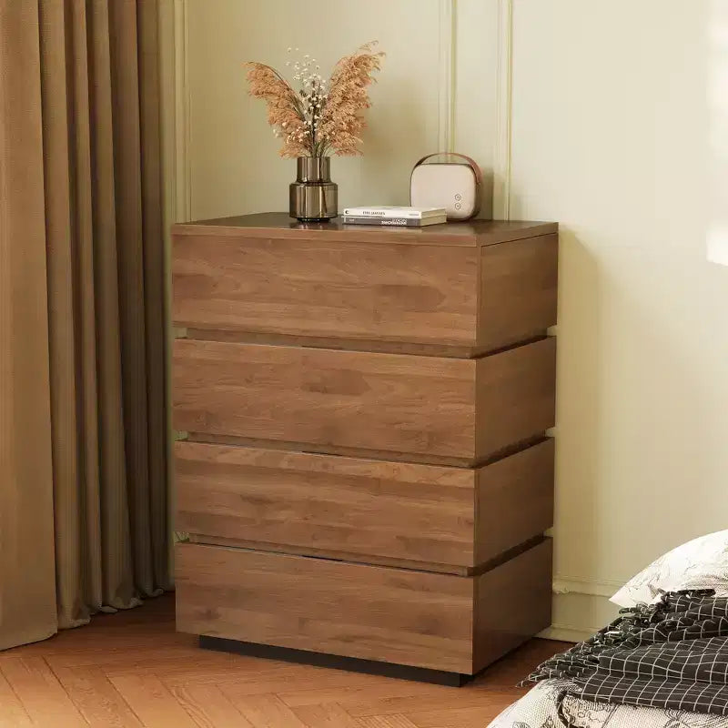 Luck Live Farmhouse 4-Drawer Nightstand, Bedroom Storage Dresser, Tall Bedside Cabinet walnut color
