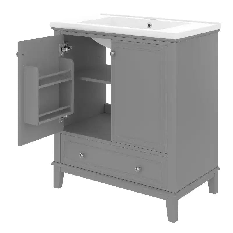 Meuble de salle de bain 2 en 1 avec lavabo et rangements, meuble bas de salle de bain en bois avec tiroirs et portes